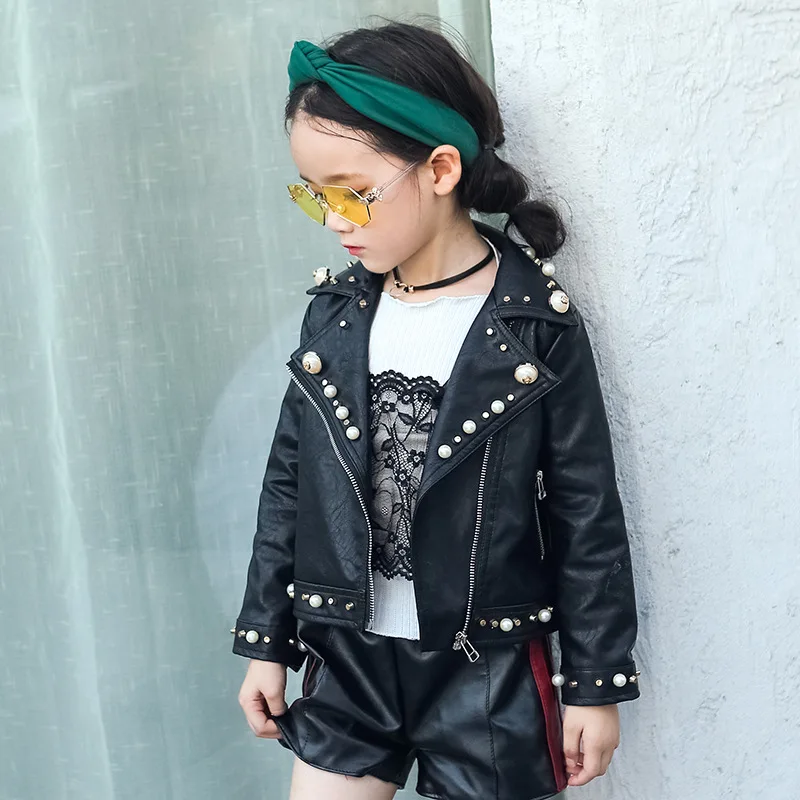 

Korean-style Girls Locomotive Leather Coat 2019 Spring And Autumn New Style Women's Children PU Leather Coat Tops Children Leath