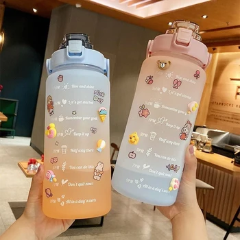 2000 ML botella grande de agua con marcador de tiempo de viaje al aire libre escalada bicicleta botellas de agua pajita libre de BPA para gimnasio espacio tazas de plástico 1