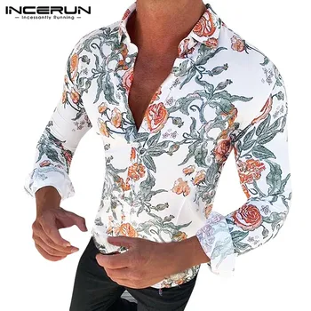 

INCERUN Fashion Men Shirt Floral Printed Casual Long Sleeve Slim Turn-down Collar Camisas Hombre Streetwear Hawaiian Shirts 2020
