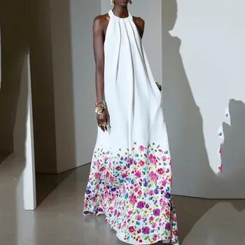 

ebay speed sell through Europe and the United States printed sleeveless neck hung posed ruffle dress sexy evening dress