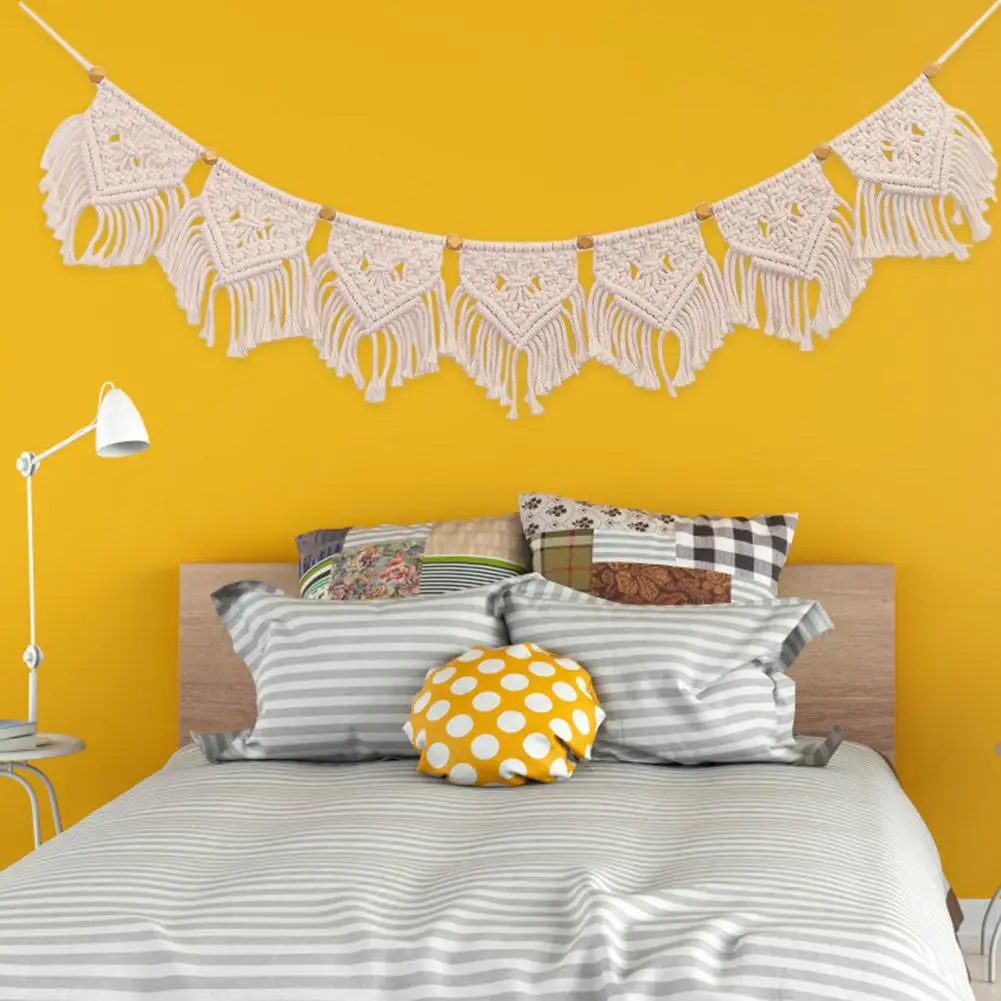 Bohemian Cotton Tassel Braided Banner Beaded Hanging Wall Decoration Living Room Girls Kids Room Bedroom Home Decor Ornament