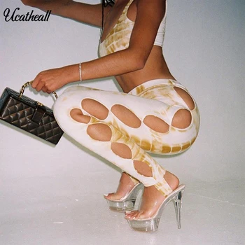 

Leg Hollow Out 2 Piece Women Matching Set Snake Print Vest Top +pants Pencil Two Pieces Set Summer Women Sexy Club Party Outfits