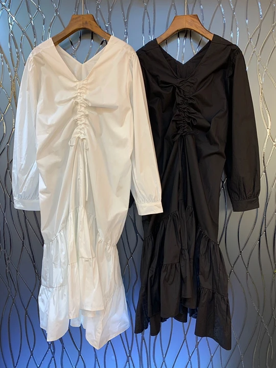Early Autumn New Woman Front and Back V-Collar Fold Drawstring Decoration Pure Long-sleeved Fishtail Dress 818