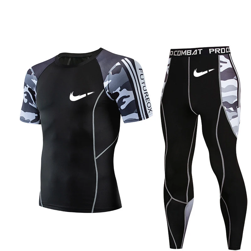 Высокое качество, новая мужская спортивная одежда для фитнеса, Мужская компрессионная горячая футболка + колготки, мужской пуловер