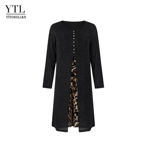 YTL O-neck Fake 2 Pieces Long Sleeve Dress Leopard Patchwork Silver Thread Shining Knitting Elegant Female Dresses W018