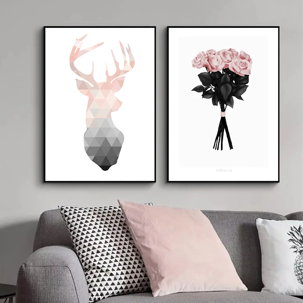 

Geometric Deer Abstract Canvas Art Print Rose Flower Posters And Prints Nordic Poster Modern Painting Wall Pictures Home Decor