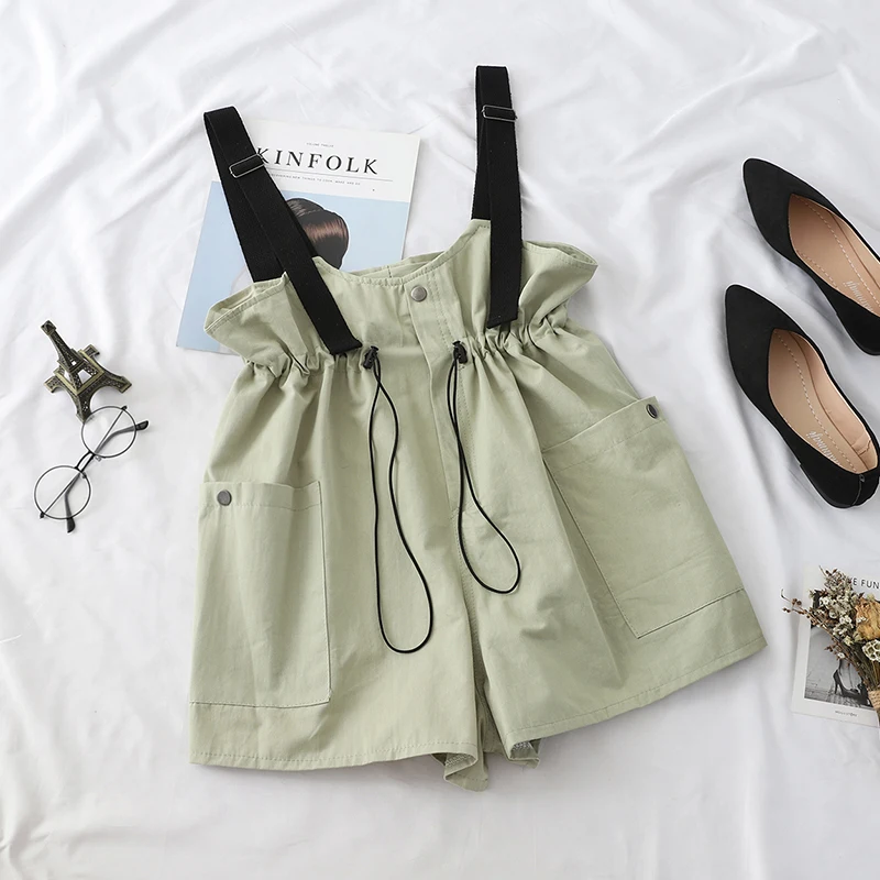 Overalls Female Rompers Adjustable Drawstring Playsuits Button Rompers Elastic Waist Lady 2020 Summer Fashion Playsuits  G1720