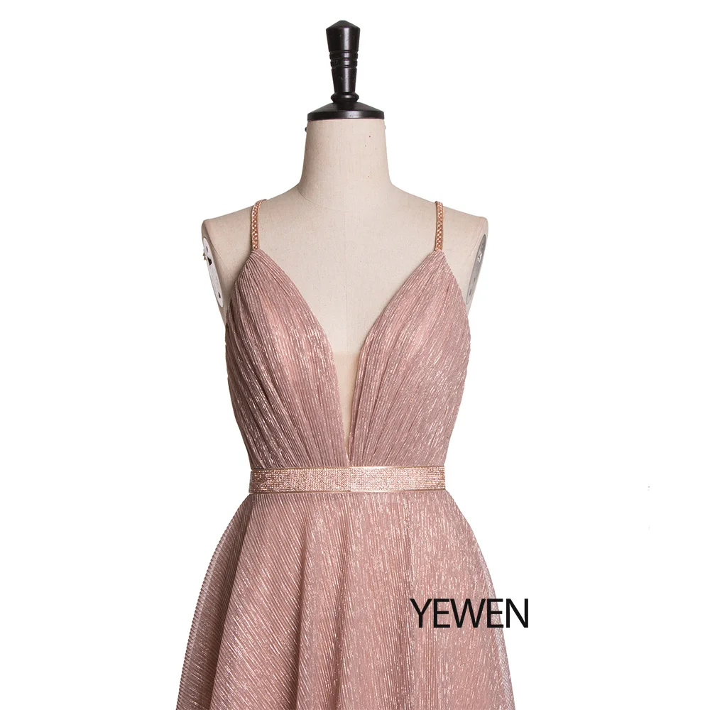 Сексуальное длинное вечернее платье трапециевидной формы с открытой спиной и перекрещивающимися лямками, v-образный вырез, раскол цвета шампанского, розовое платье для выпускного вечера, vestidos de festa