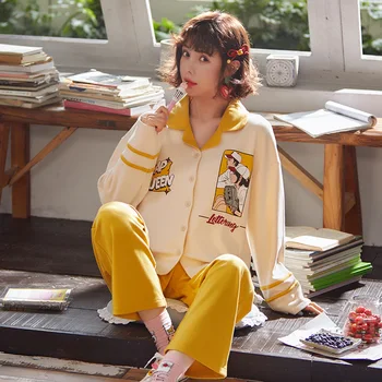 

pajamas women's autumn cotton long sleeve sweet casual cardigan plus size loose home clothes