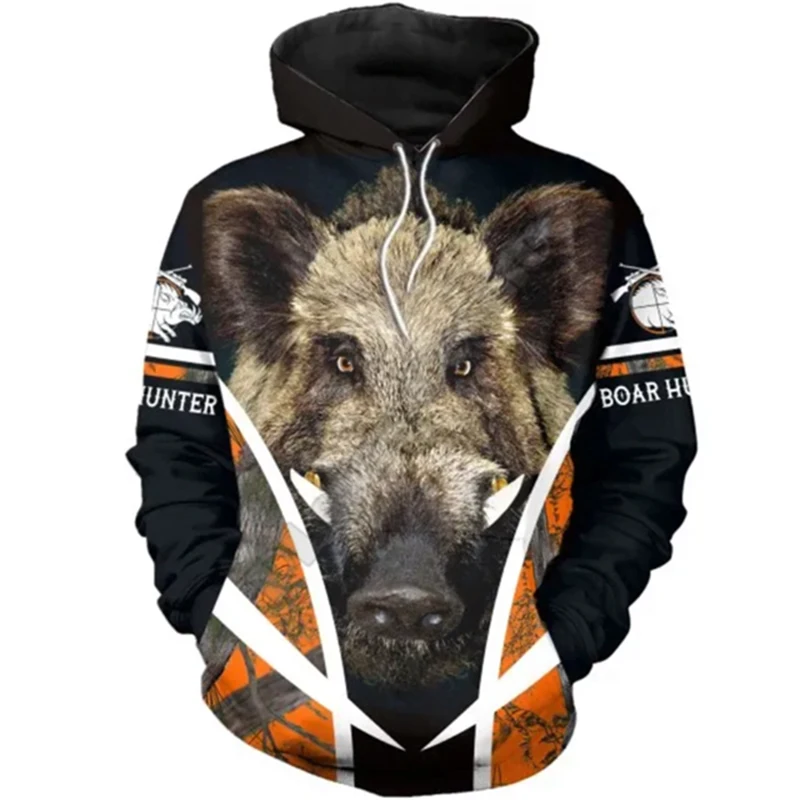 

Spring Autumn Style Men's Hoodie Boar Hunter Zipper Long Sleeve 3D Digital Printing Animal Hooded Collar Coat L16