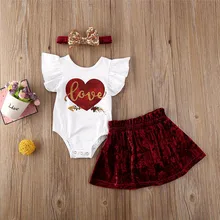 Детская одежда для маленьких девочек Однотонные юбки повязка на голову с блестками и бантом, с круглым вырезом, с принтом в виде сердечек, с оборками, боди, комплект из 3 предметов