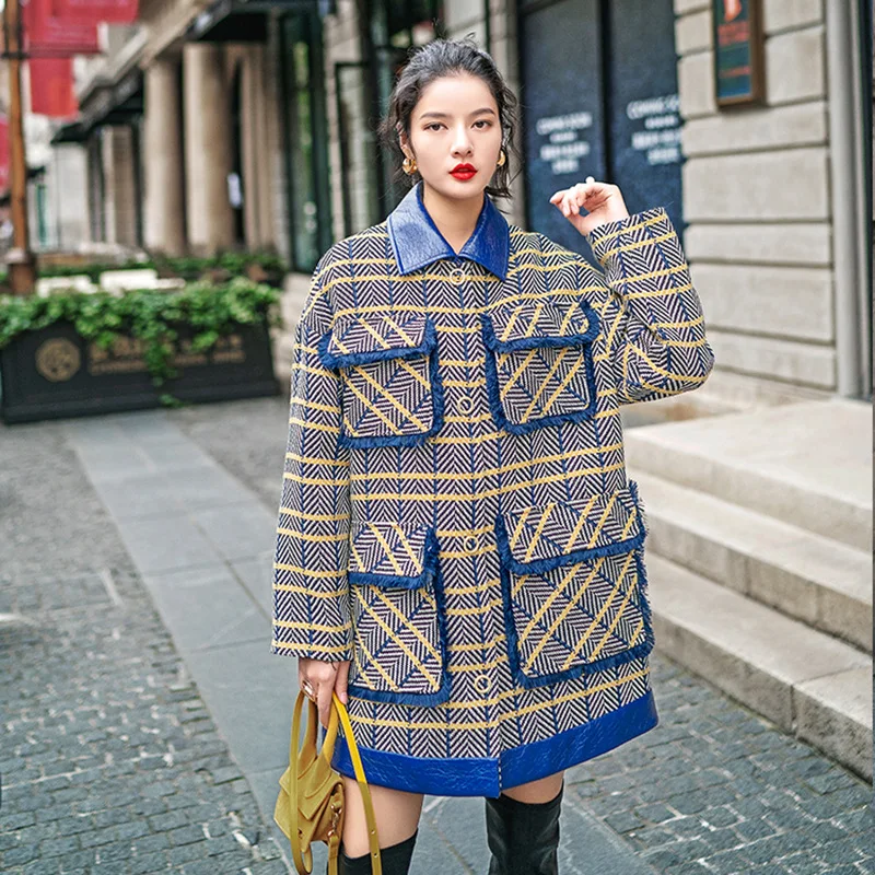 

Fashionable Women's Workwear Coat Autumn And Winter 2019 New Style Europe And America WOMEN'S Dress Loose-Fit Plaid Contrast Col