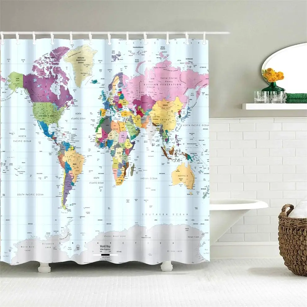 Purple Map Printing Polyester Waterproof Bathroom Fabric Shower Curtain 12 Hook