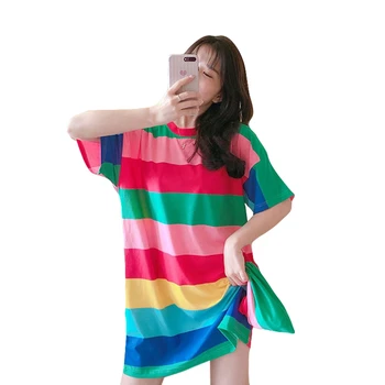 

Nightdress Women's Sleep Dress Summer Spring Autumn New Nightgown Short-Sleeved Thin Loose Home Clothes Printed Vestido Stripes