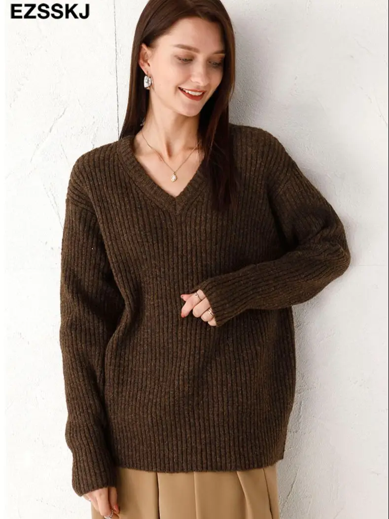 cashmere Autumn Winter v-neck thick oversize Sweater pullovers Women 2021 LOOSE sweater female Long Sleeve | Женская одежда