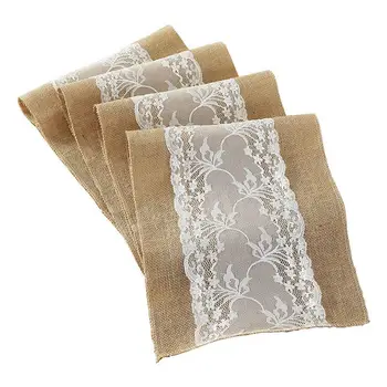 

Vintage Table Runner Natural Hessian Burlap with White Lace for Rustic Festival Wedding Party Baptism Decoration 30cm x 275cm 1p