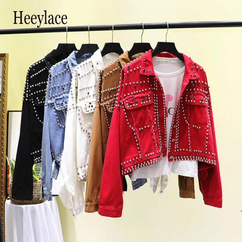 price reduction  2019 Autumn Women Harajuku Red Denim Jacket Coat Heavy Hand Beaded Rivet Short Black Jeans Jacket S