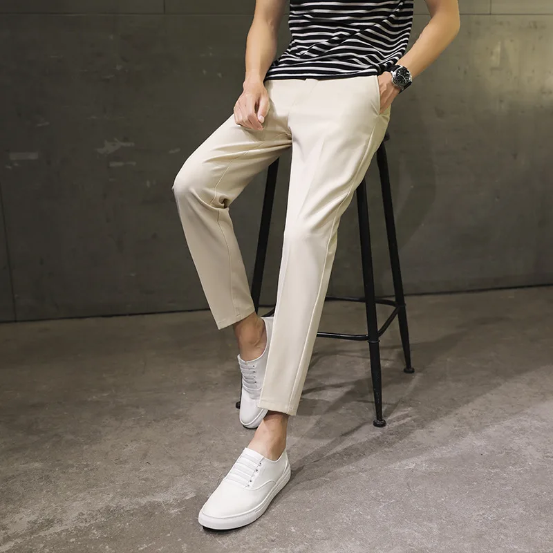 Spring Summer Men's Casual Pants Ankle Length Straight Solid Color