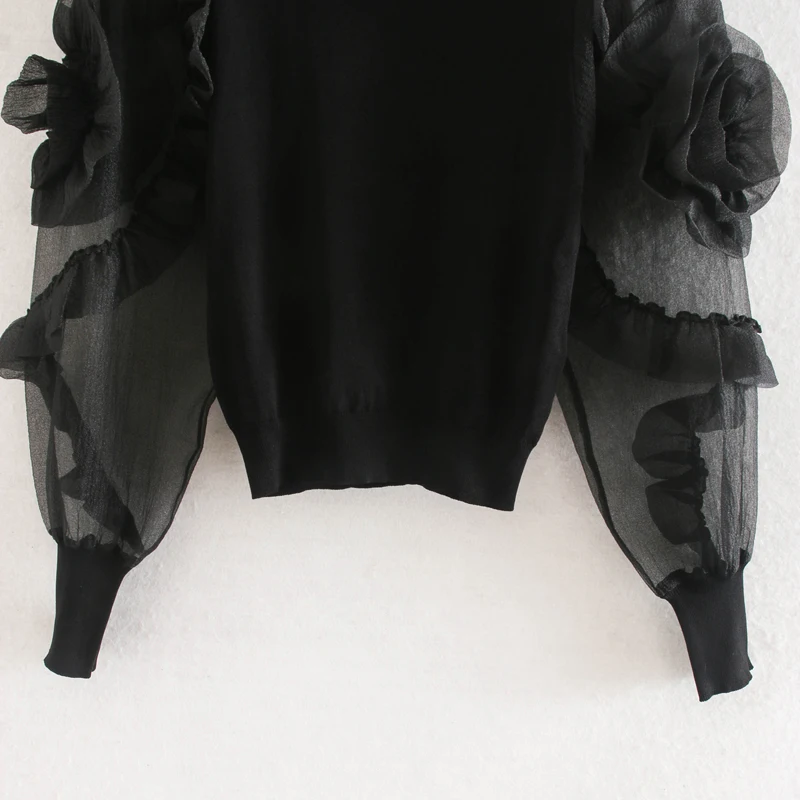 Прозрачные блузки из органзы в стиле пэчворк женские модные топы с цветочной аппликацией и эластичной талией Элегантные женские рубашки с длинным рукавом