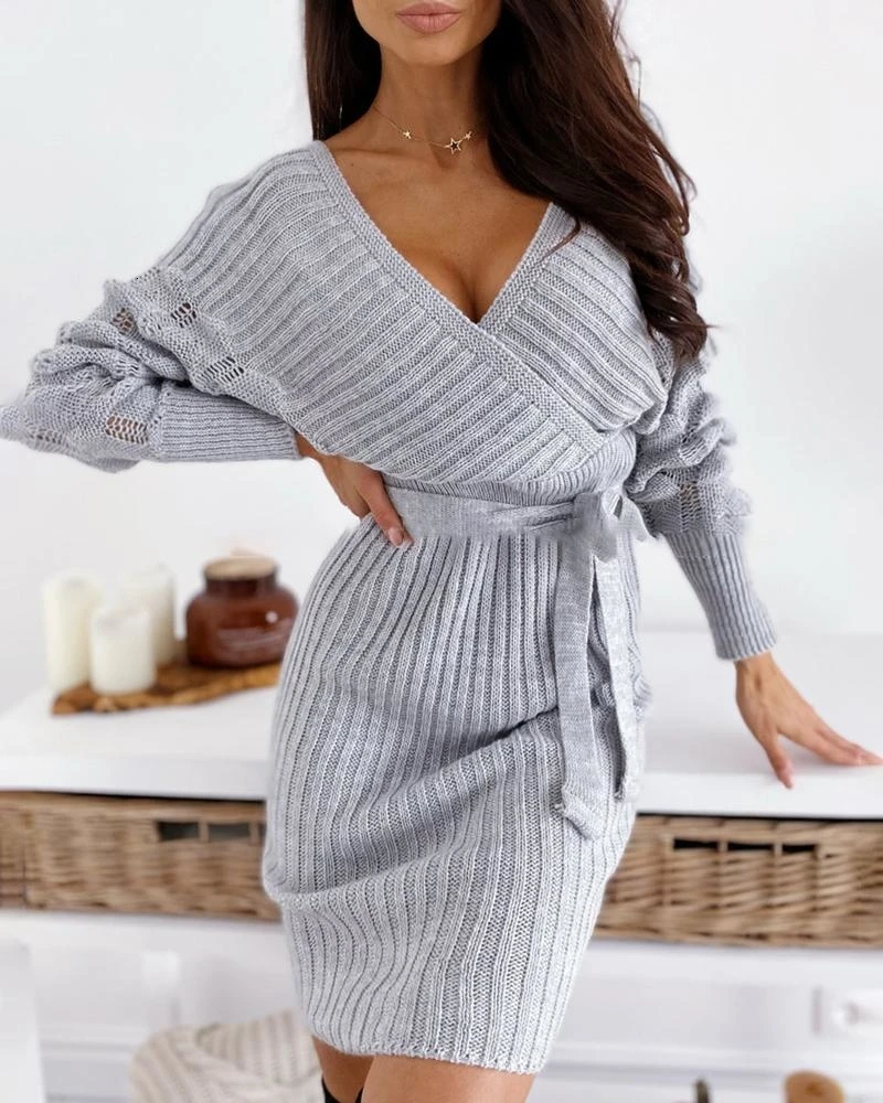 

V-Neck Surplice Wrap Ribbed Batwing Sleeve Sweater Bodycon Dress