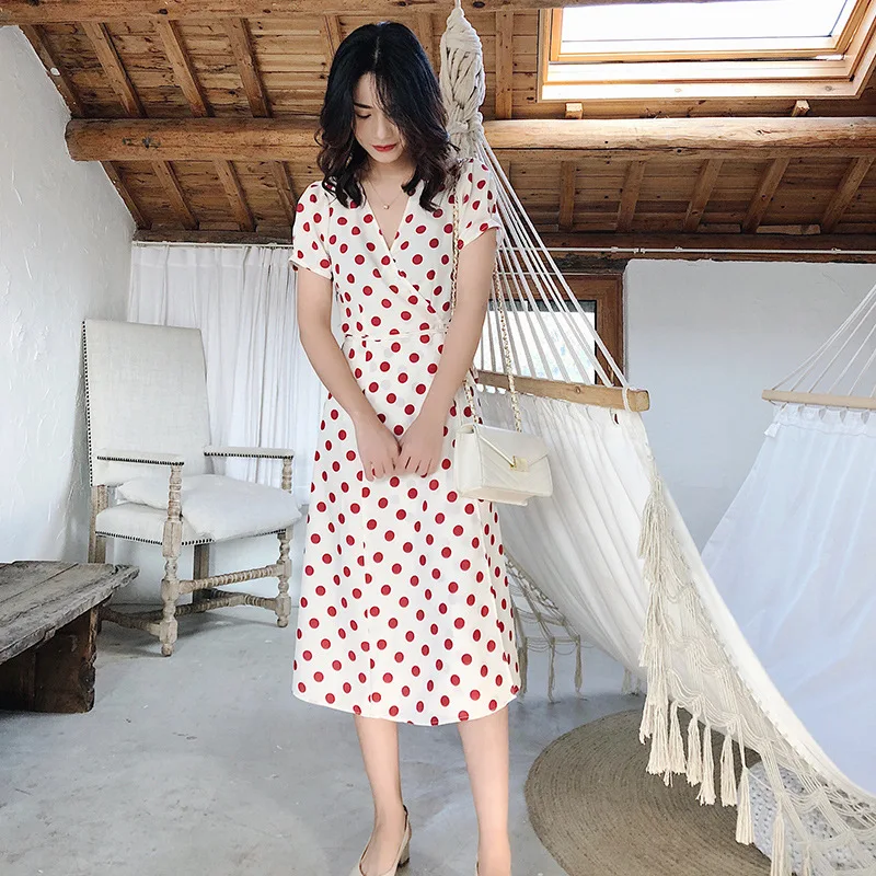 

Summer new retro dress French style simple long dress sweet high waist wave dot lace wrapped dress womens