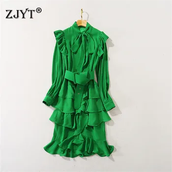 

2020 New Fashion Autumn Winter Designer Runway Long Sleeve Women Elegant Bow Collar Ruffle Layered Green Party Dress