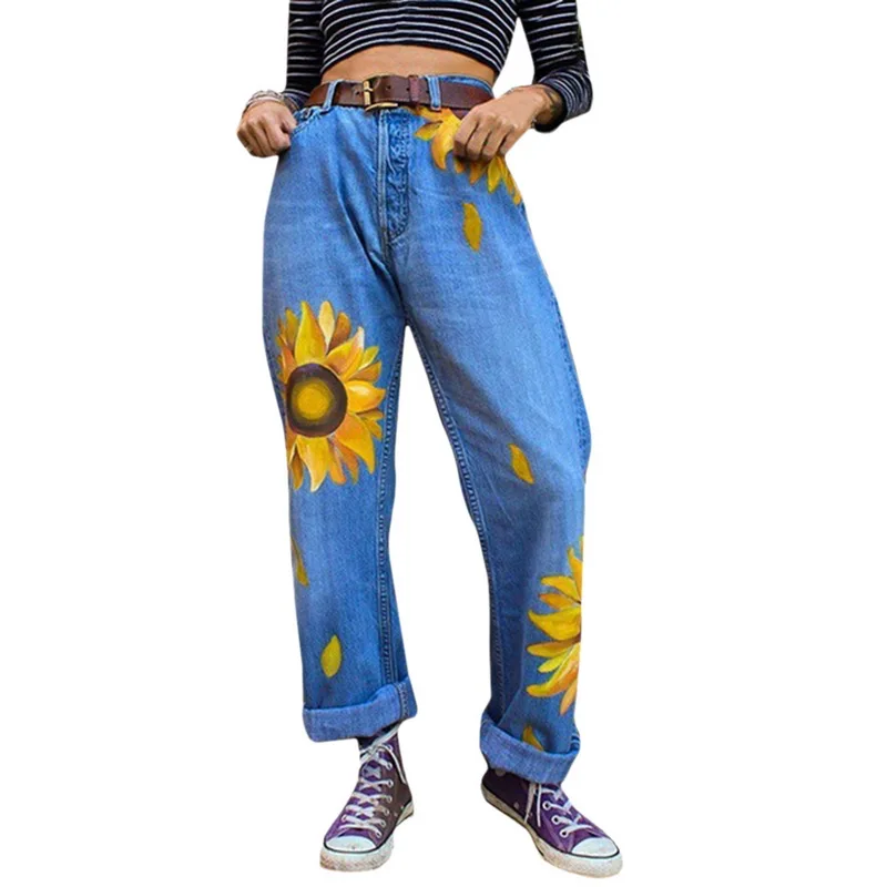 blue 1 Sfit, женские джинсы с широкими штанинами, джинсы для мальчиков с большим цветочным принтом, Осенние повседневные джинсы со средней талией, женские уличные джинсы - Цвет: blue 1