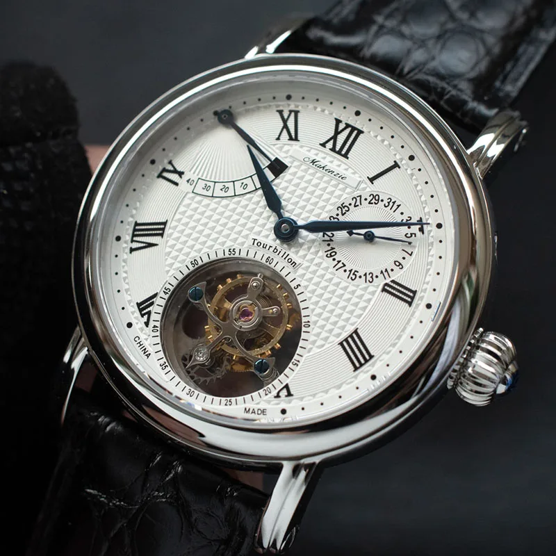 

100% Real Tourbillon Men Watch Crocodile Leather Calendar Sapphire Crystal Clock Seagull St8001 Tourbillon Switzerland Watches