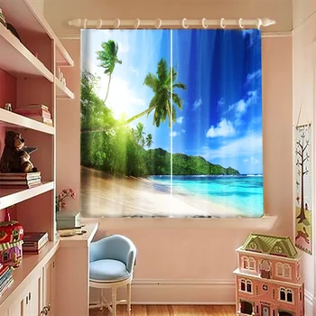 

Blue Hawaii Beach Blackout Curtains Modern Simple Scenery Bedroom Short Curtains Thicken Fabric Short Curtains for Small Window