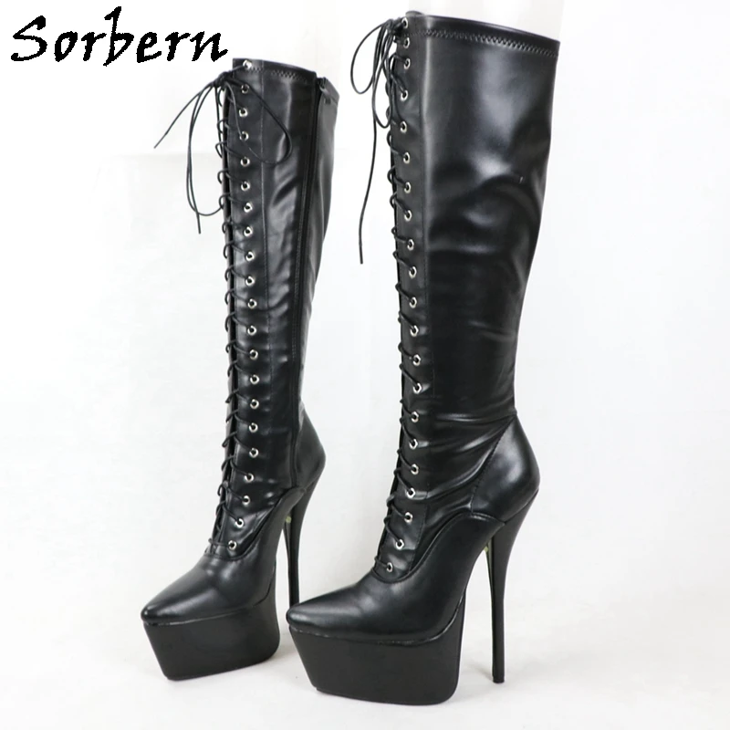 Sorbern Matt Black Lace Up Boots Knee 
