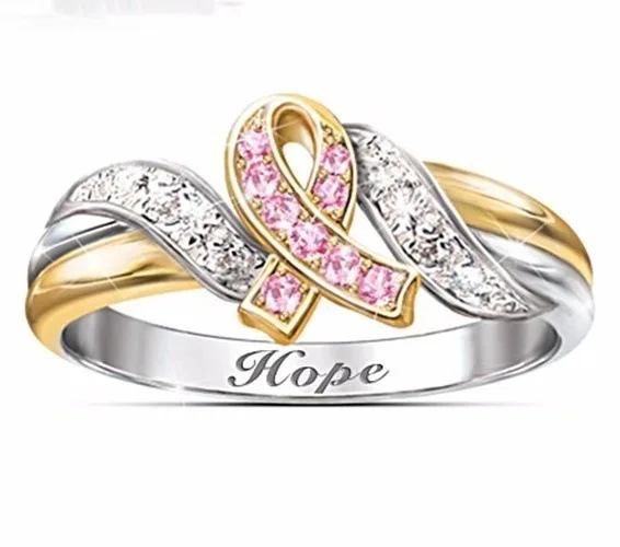 Exquisite Two-Tone Pink Ribbon Hope Rings Fashion Gold-plated Women Wedding Engagement Jewelry Gift For Girls | Украшения и