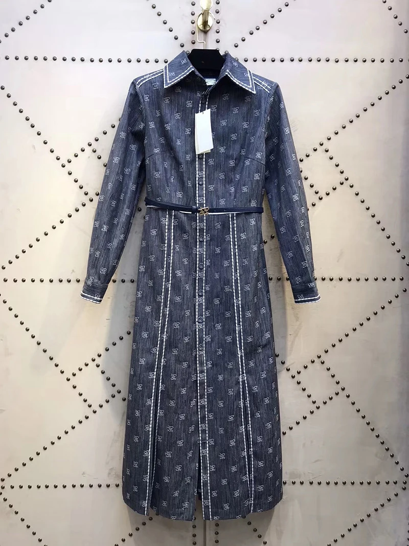 Итальянский дизайнер FF джинсовое платье-рубашка с поясом бренд стильный офисный