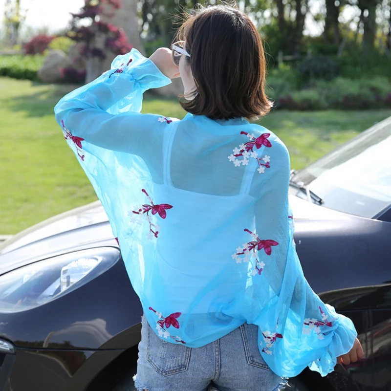 Женское летнее пальто для девочек, Солнцезащитный шифон, длинный рукав, женская летняя шифоновая шаль для вождения, защита от солнца на пляже, теневая крышка
