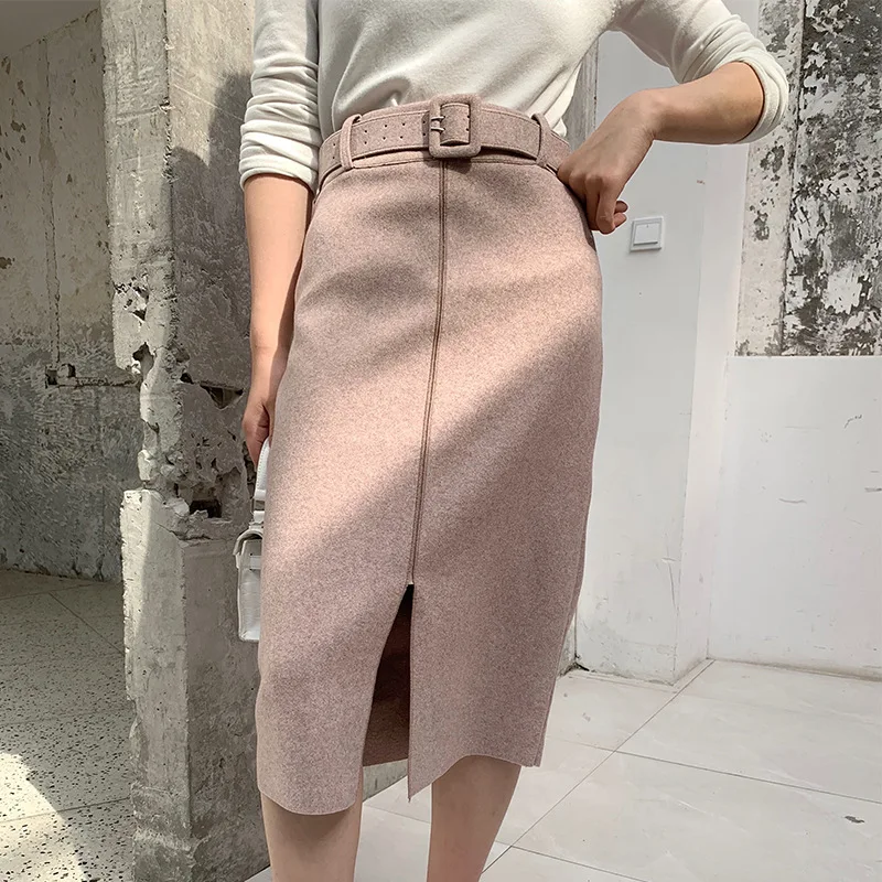 Pink Woolen Skirts High Waist Lady Office Midi Skirts Front Split Elegant Streetwear Autumn Winter Clothings