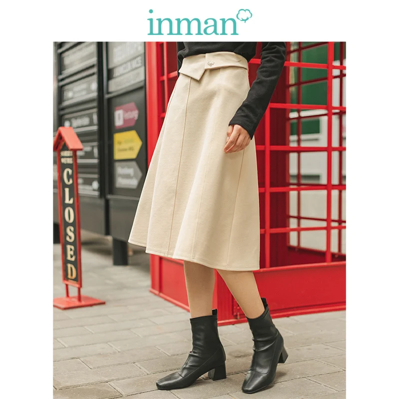 

INMAN 2019 Autumn Winter New Arrival Embroidery A-line Verstand Elegant Apricot All Matched Women Skirt