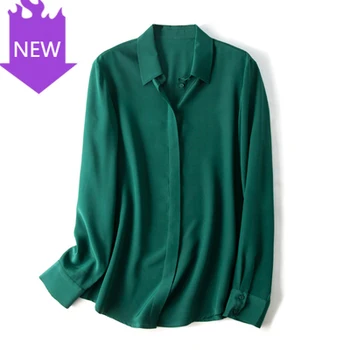

Solid Long Sleeve Blouses Basic Button OFFICE Lady SHIRT 2020 WHITE Blusas femininas Women Silk Blouse 100% REAL SILK CREPE