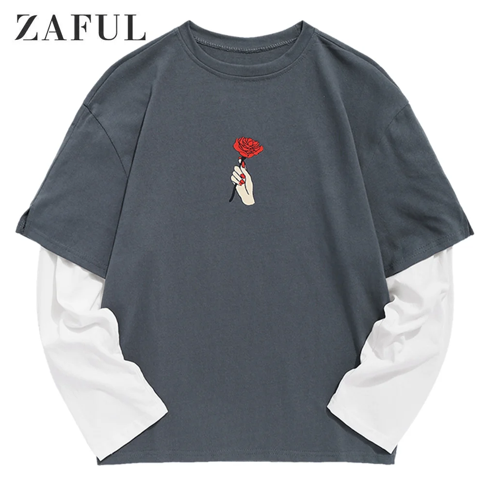 Goedkoop Zaful Hand Hold Rose Bloemenprint Valse Tweedelige T shirt Lange Mouwen Katoenen T shirts Ronde Hals Kraag Casual Tee Mens fall Tops