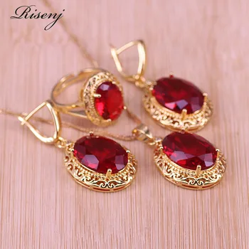 

Risenj Dubai Luxury Style Many Colors Big Red Stone Gold Color Jewelry For Women Adjustable Ring Necklace Set Free Shipping