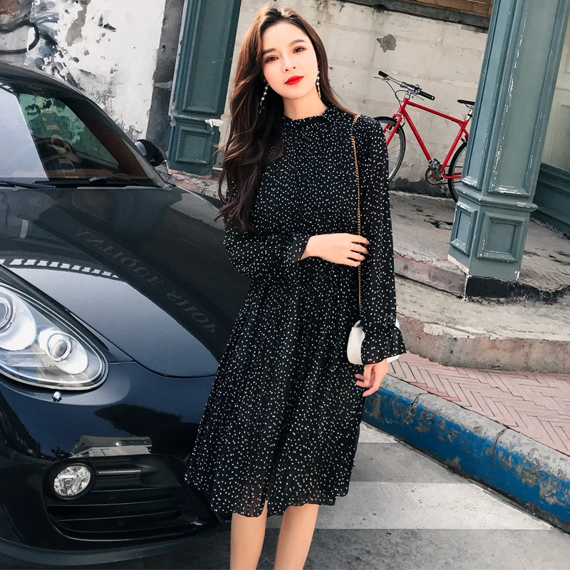 

Women's Printing Chiffon Dresses 2019 Spring Summer New Hot Fashion Female Casual Long Sleeve Lotus leaf neck Basic Dresses