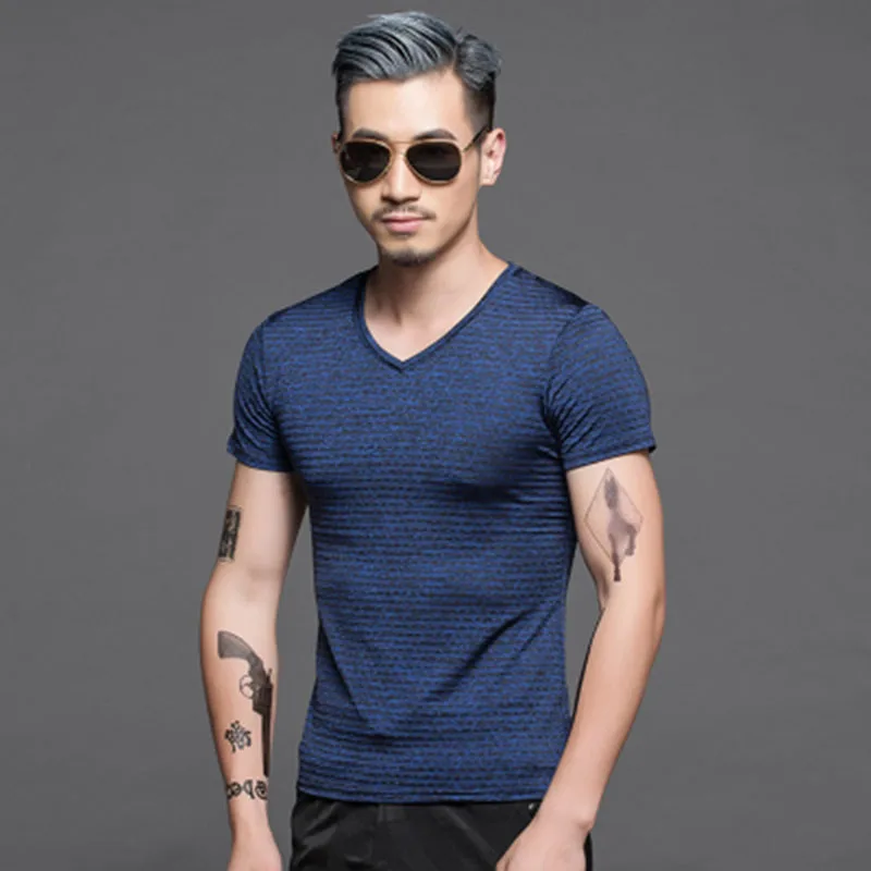 Горячие летние мужские футболки сплошной цвет Slim Fit короткий рукав мужские s Новые Топы из полиэстера футболка брендовая одежда 70B0162 - Цвет: Blue