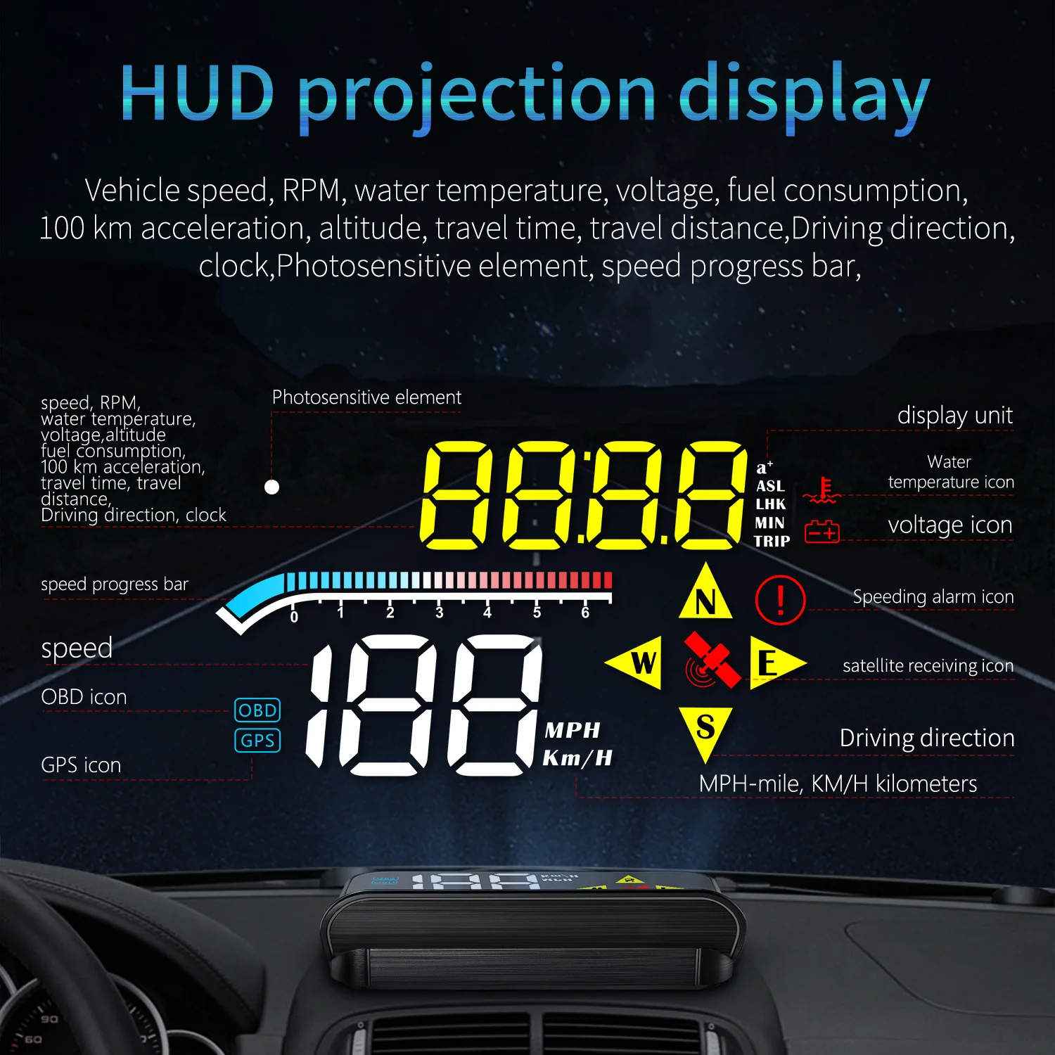 

M17 Newest hud obd head up display OBD2 GPS Dual System Windshield Speed Projector Security Alarm Water temp Overspeed RPM