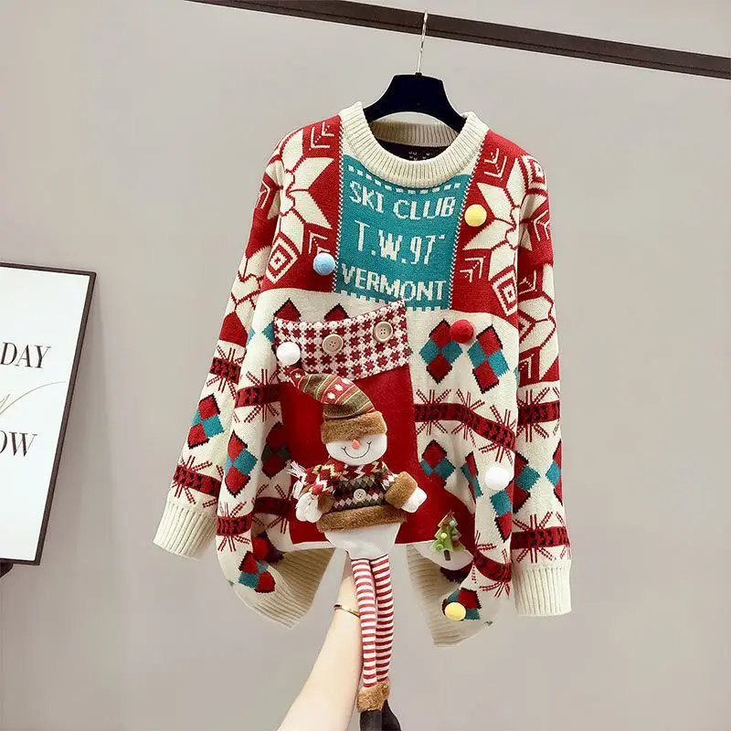 thumbnail image 1 of Suéter de día de Navidad para mujer, suéter largo y grueso de otoño e invierno, nuevo estilo de moda de celebridades de la red, suéteres casuales, regalos 2024, 1 of 5