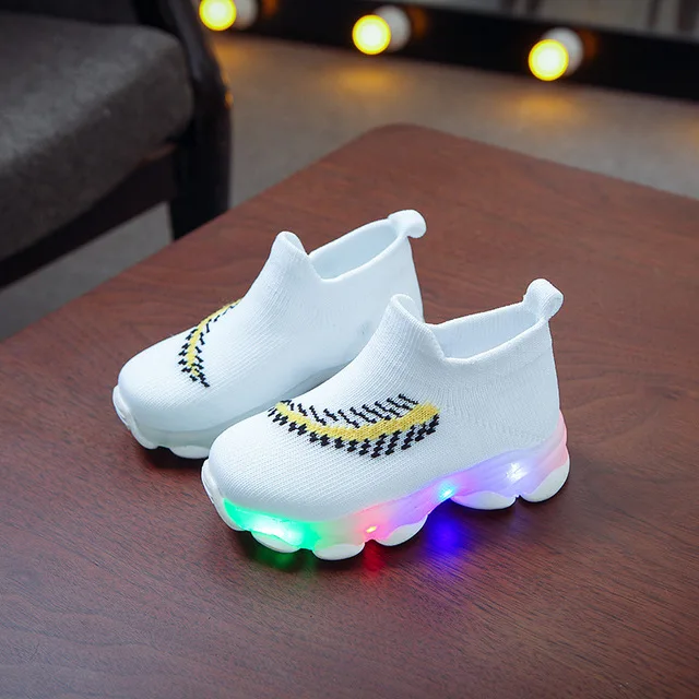 GS-Y-3-White Зимняя обувь для девочек, спортивный светодиодный Плетеный Теннисный материал, Повседневные Дышащие детские кроссовки, носки, обувь, обувь для малышей-мальчиков 1, 2, 3, 4, 5, 6 лет - Цвет: GS-Y-3-White