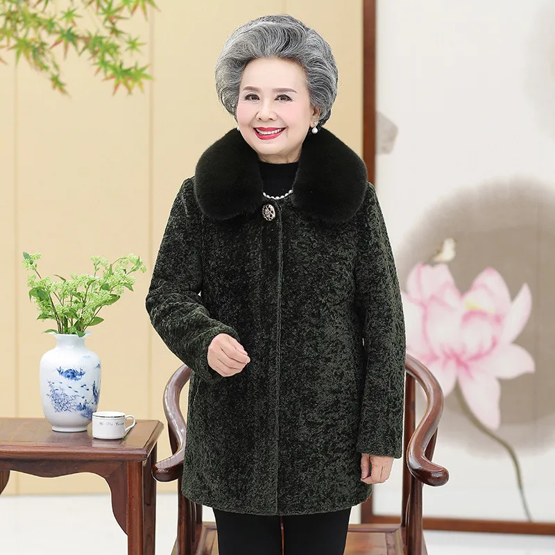 Женская зимняя куртка, пальто из овечьей шерсти, искусственная оторочка из овечьей шерсти, Длинные теплые толстые шерстяные куртки, пальто для мамы, большие размеры 1377 - Цвет: Dark green