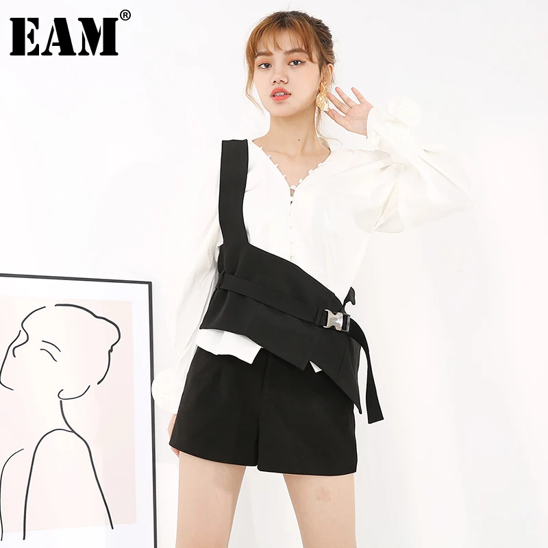 [EAM] женский свободный Черный Асимметричный бандажный длинный широкий жилет