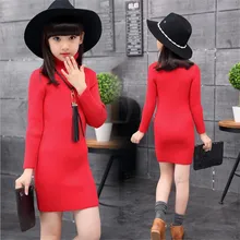 Платье-свитер Детская осенняя одежда свитер с высоким воротником зимнее приталенное вязаное платье для девочек для детей 4, 5, 6, 7, 8, 9, 10, 11, 12 лет