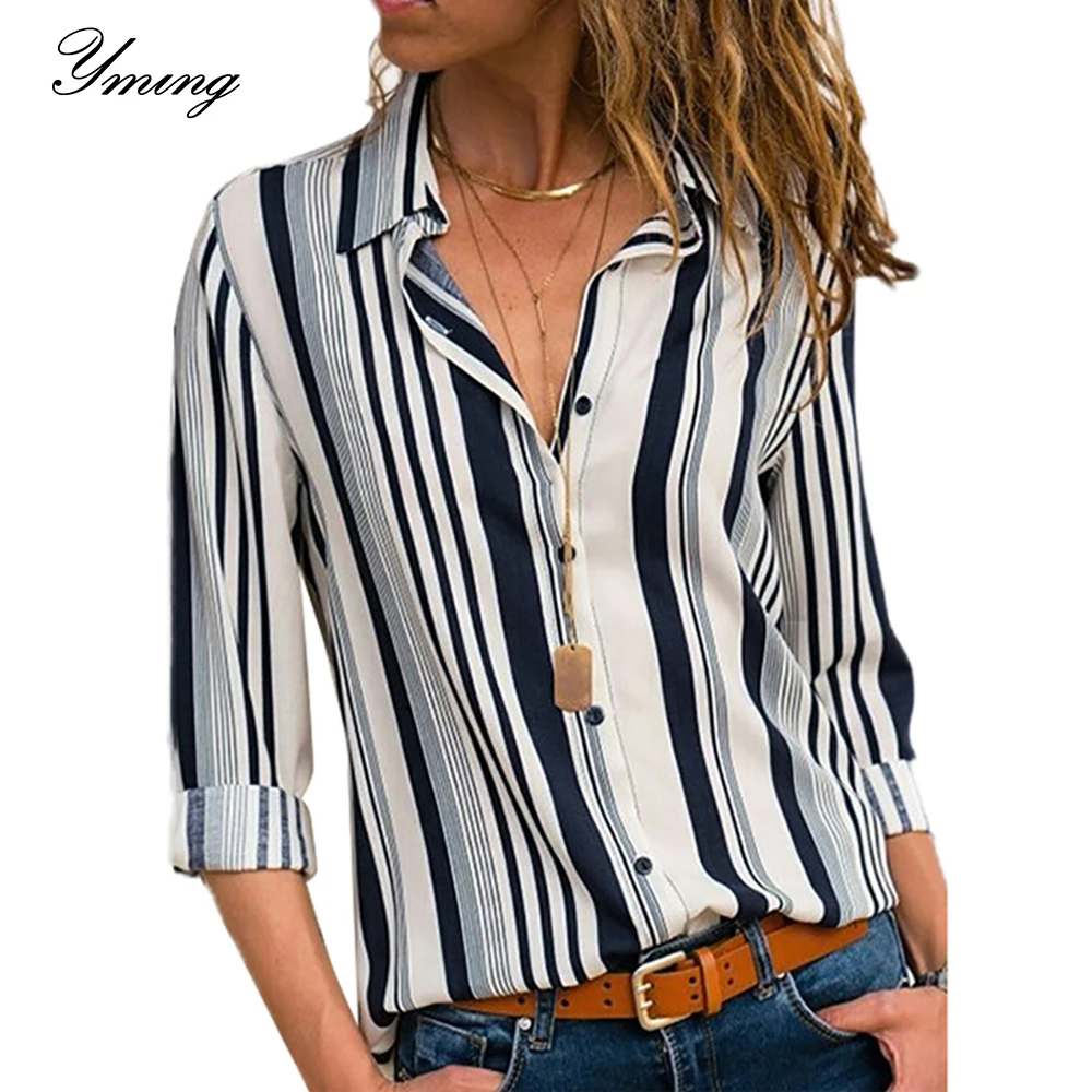 YMING Chiffon Boho Women Blouse Long Sleeve Shirt Turn Down Collar Tops Striped Printed Button Tunic Casual Office Woman Blusas black long sleeve top