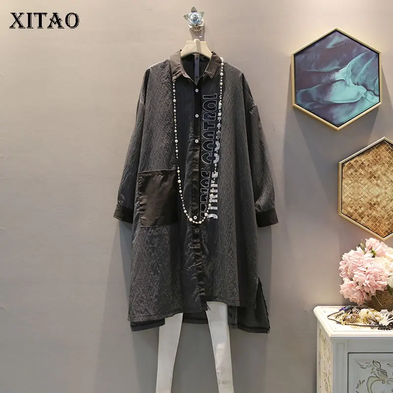 

XITAO Tide Patchwork Striped Black Blouse Pocket Letter Print Women Clothes 2019 Match All Plus Size Shirt Top Autumn ZLL4302