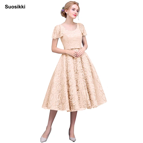 Шампанское Элегантное кружевное вечернее платье, Простые Короткие вечерние платья для выпускного вечера, Suosikki - Цвет: Шампанское