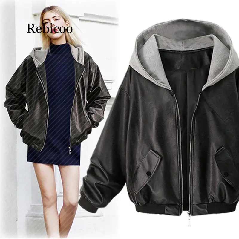 

2019 New Spring Women Hooded Loose Jacket Long Sleeve Leather Temperament Jacket Fashion Coat Plus Size Women Clothing